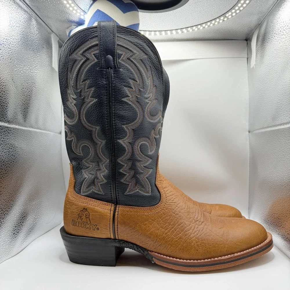 Rocky Men's 10 M Western Cowboy Boots Leather Square Toe Navy Brown Stitch 2608